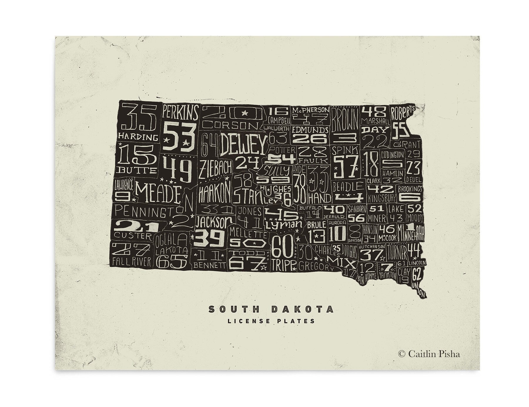 South Dakota License Plate Poster – Warm Black on Cream Background