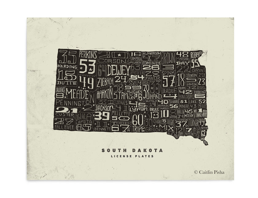 South Dakota License Plate Poster – Warm Black on Cream Background