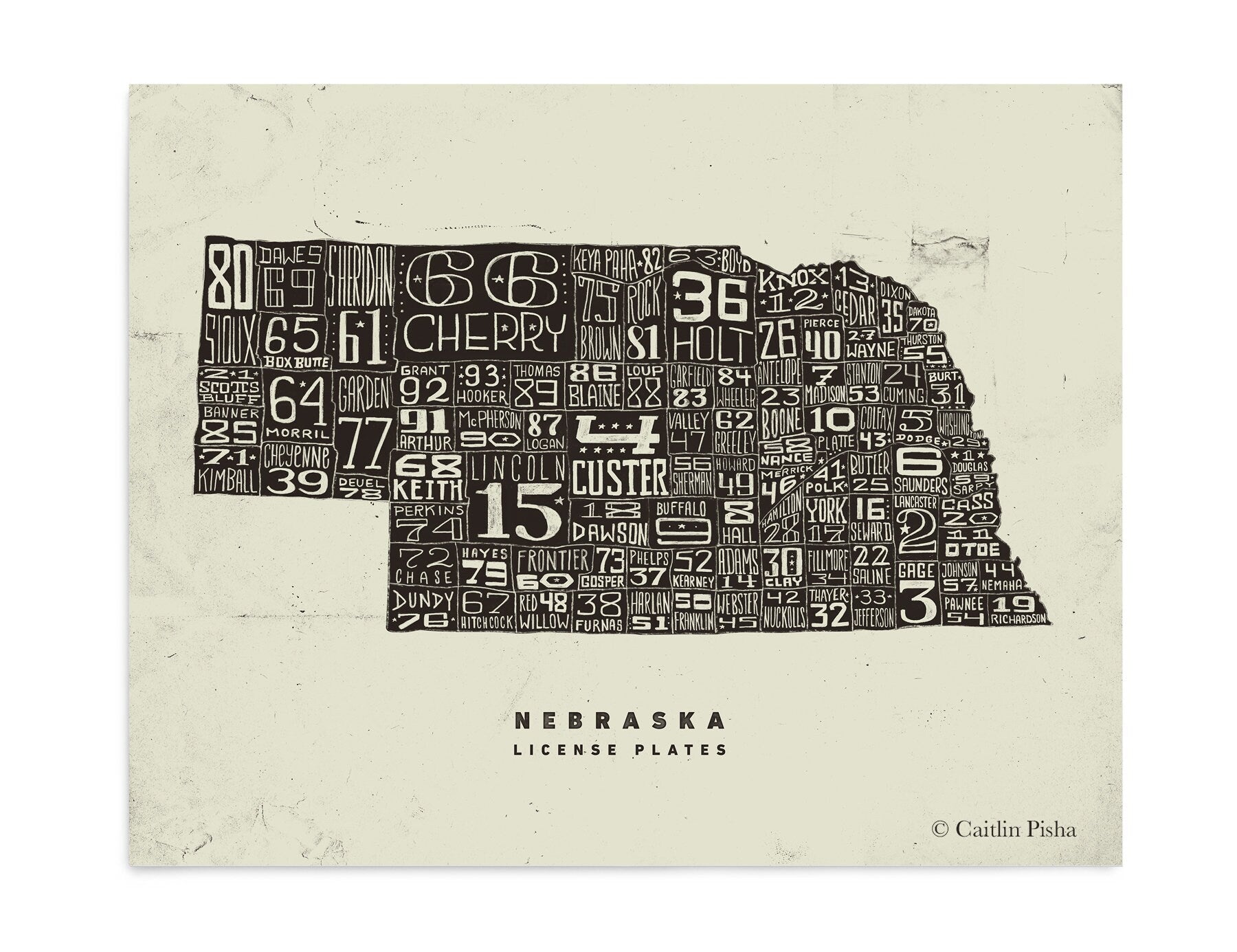 Nebraska License Plate Poster – Warm Black on Cream Background