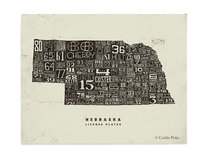 Nebraska License Plate Poster – Warm Black on Cream Background