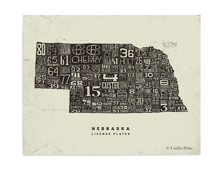 Nebraska License Plate Poster – Warm Black on Cream Background