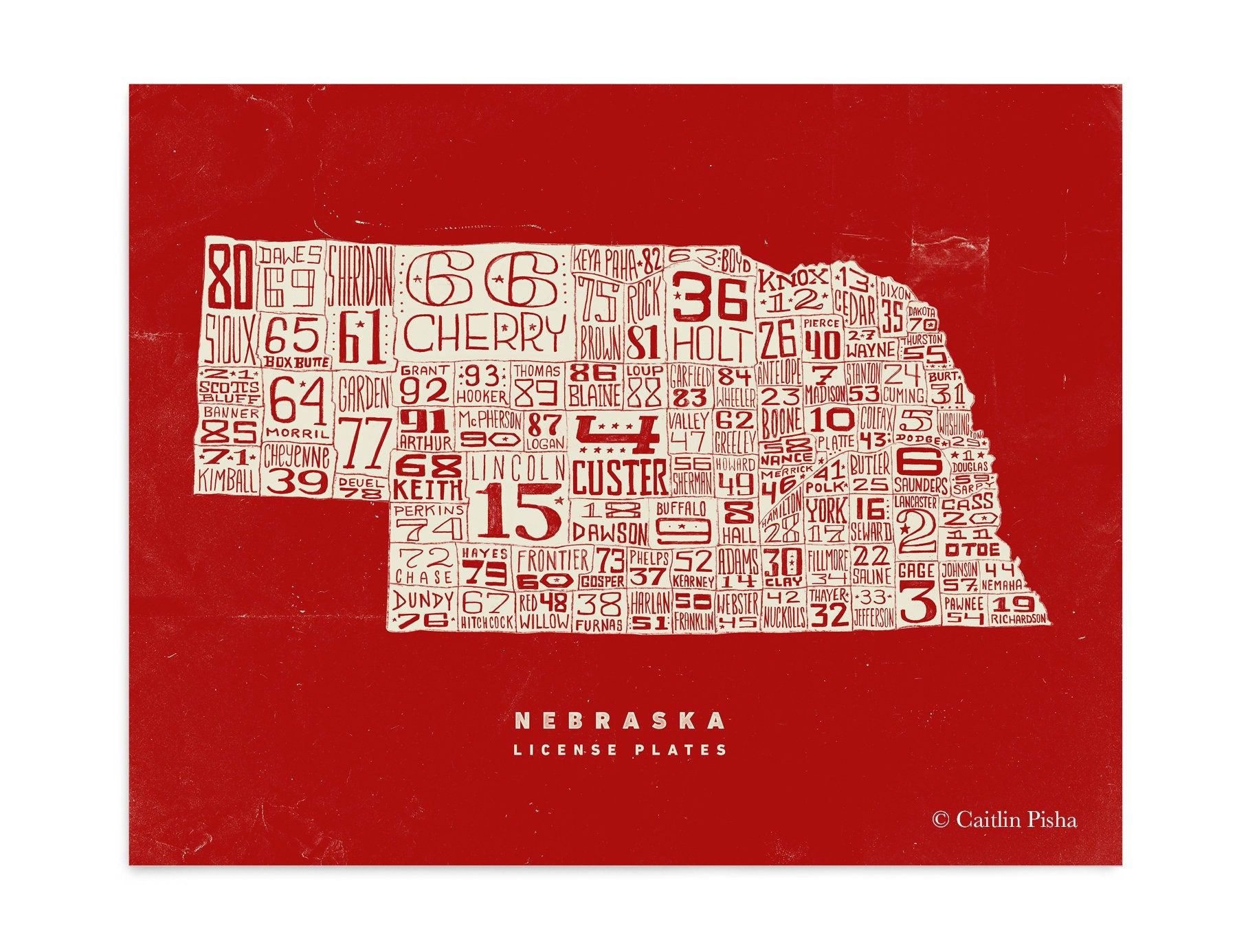 Nebraska License Plate Poster – Cream on Red Background