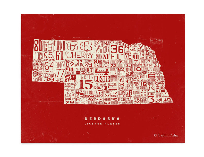 Nebraska License Plate Poster – Cream on Red Background